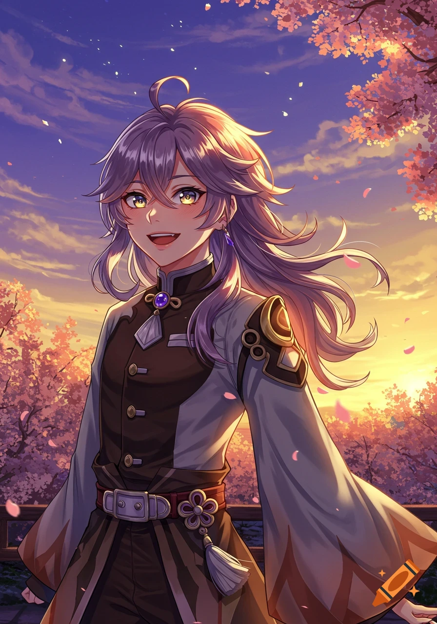 Smiling anime character with purple hair and golden eyes, standing among cherry blossoms at sunset.