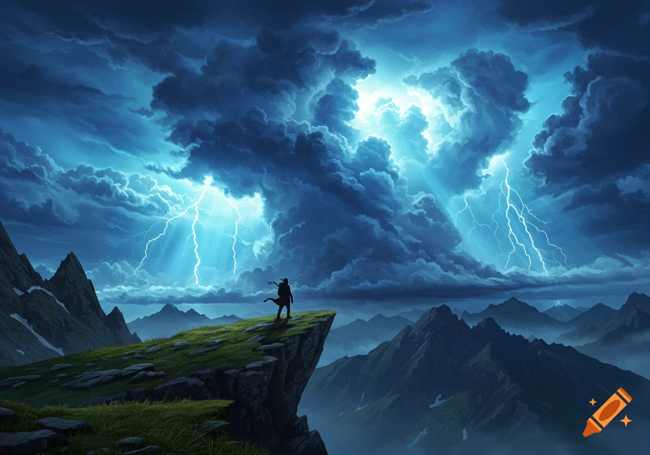 A lone figure stands on a cliff overlooking mountains under a dramatic stormy sky with lightning.