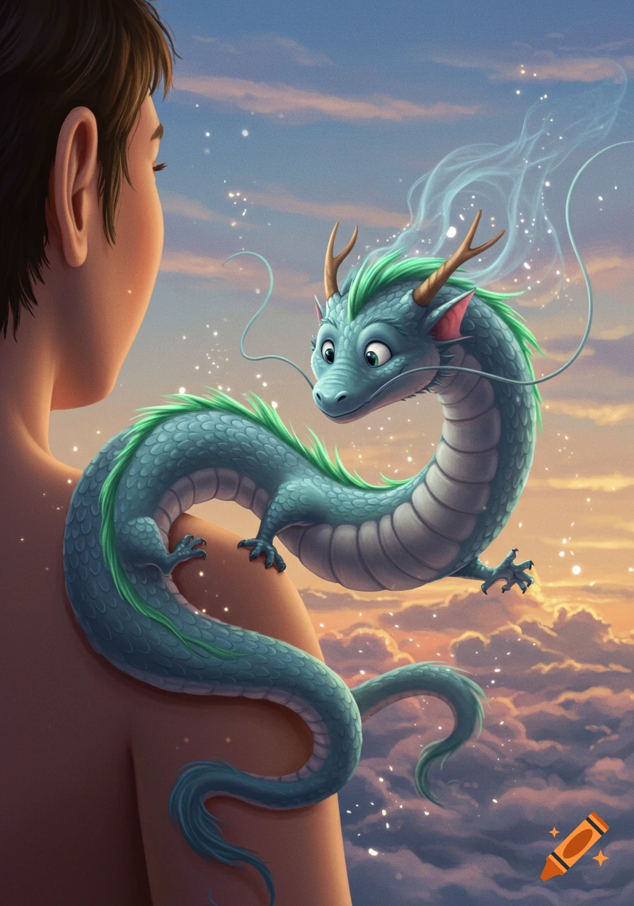 A cute blue and green dragon perches on a person's shoulder against a sunset sky with clouds.