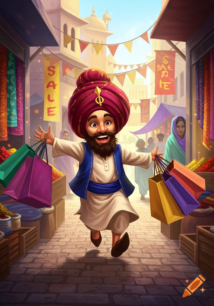 Cartoon illustration of a joyful Sikh man running through a market with shopping bags, passing 'SALE' banners.