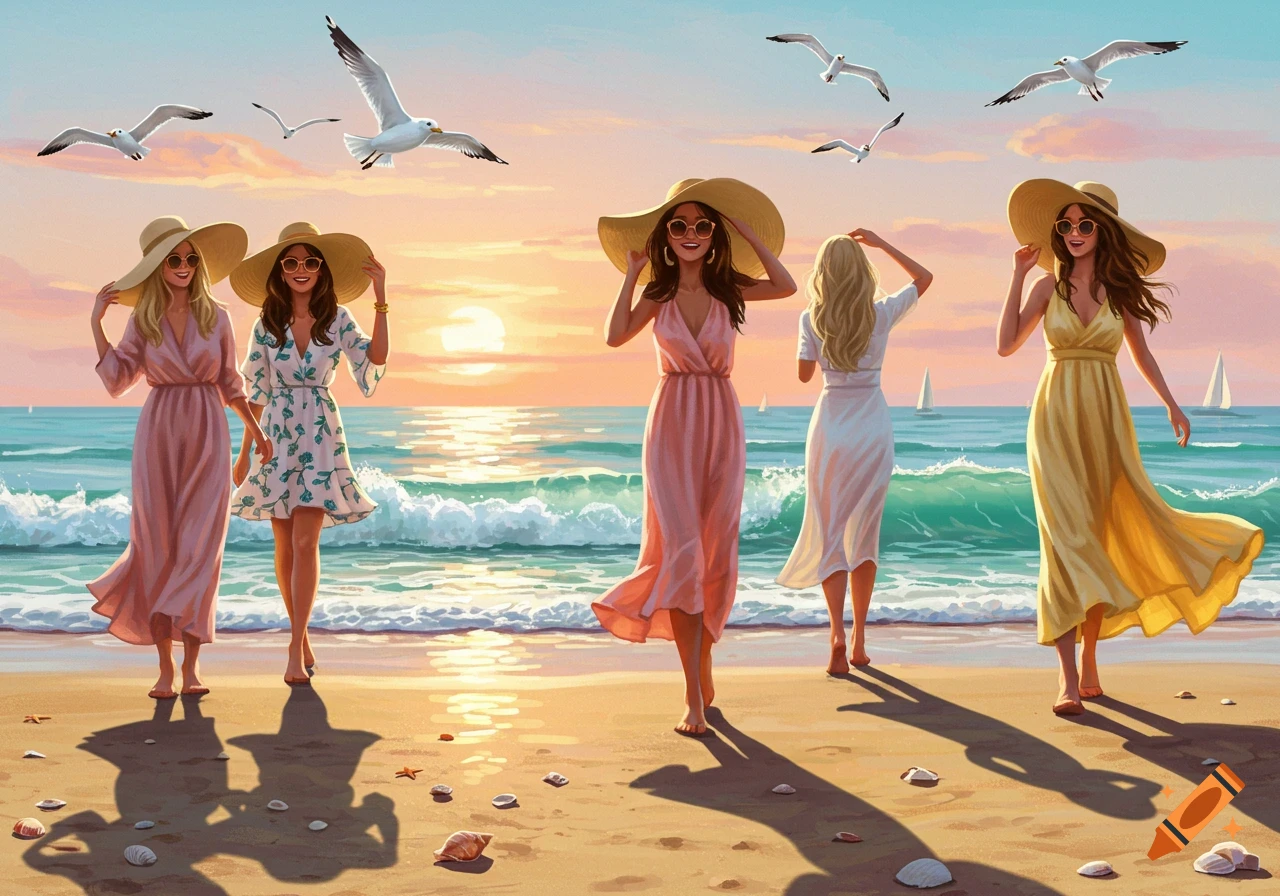 Five women in sun hats and flowing dresses walk on a sandy beach at sunset, with seagulls flying over the ocean in a colorful illustration.