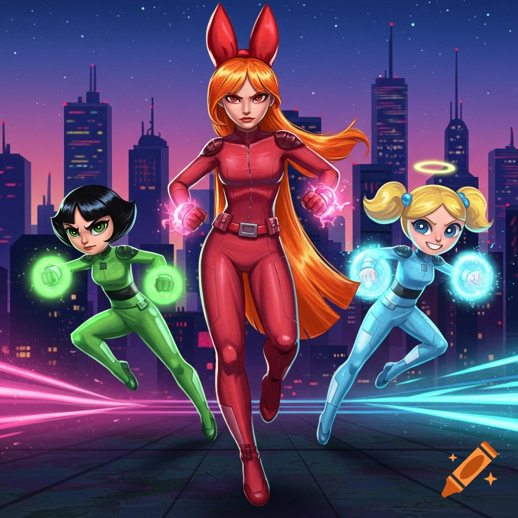 Adult Powerpuff Girls in superhero suits run forward, glowing hands, against a city skyline at night.