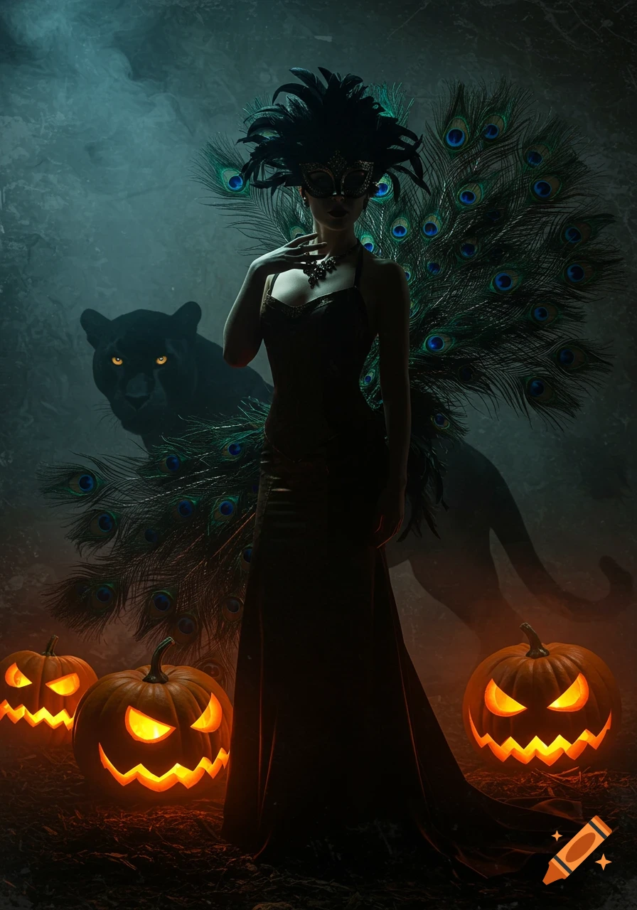 An elegant woman in a black mask and dress with peacock feathers stands before a shadowy panther and glowing Halloween pumpkins.