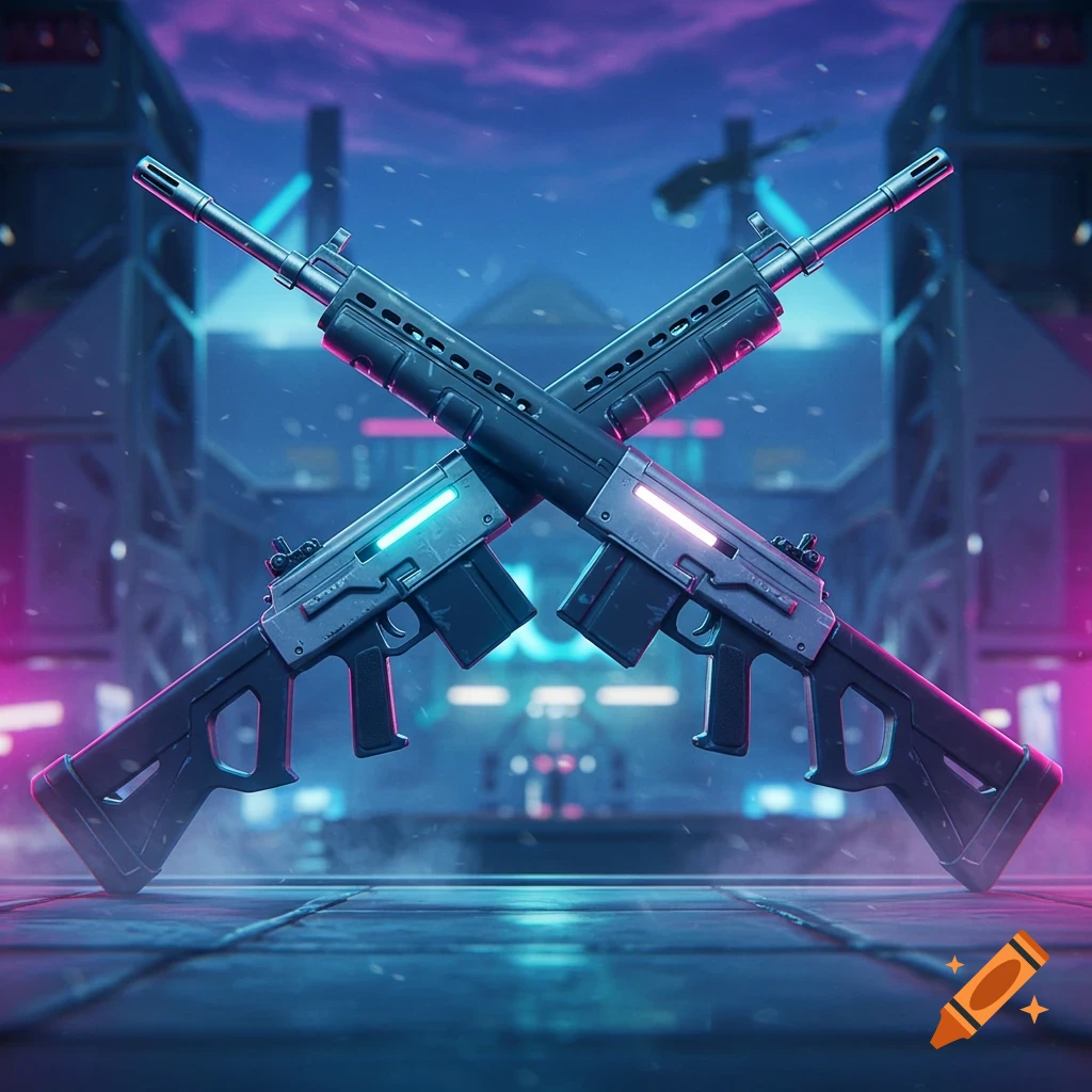 Two stylized assault rifles crossed, glowing with neon blue and pink light, against a dark, futuristic cityscape with falling snow.