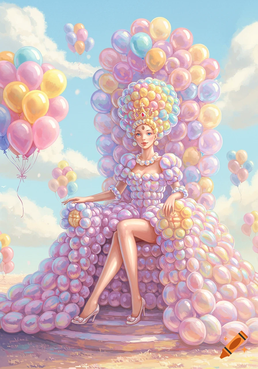 A queen made of colorful balloons sits on a balloon throne under a blue sky, in a whimsical fantasy style.