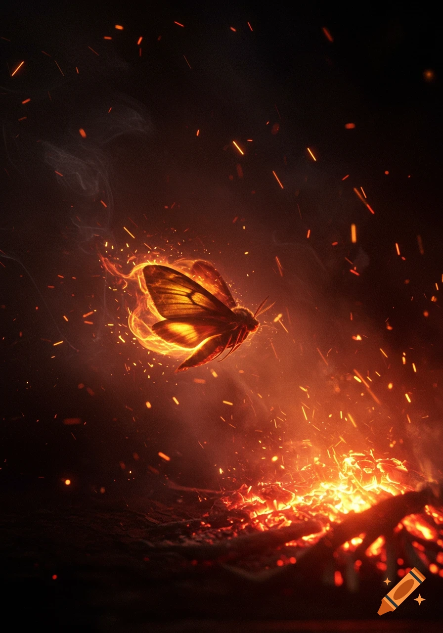 A luminous moth flies above burning embers, engulfed in orange flames and sparks against a dark background.