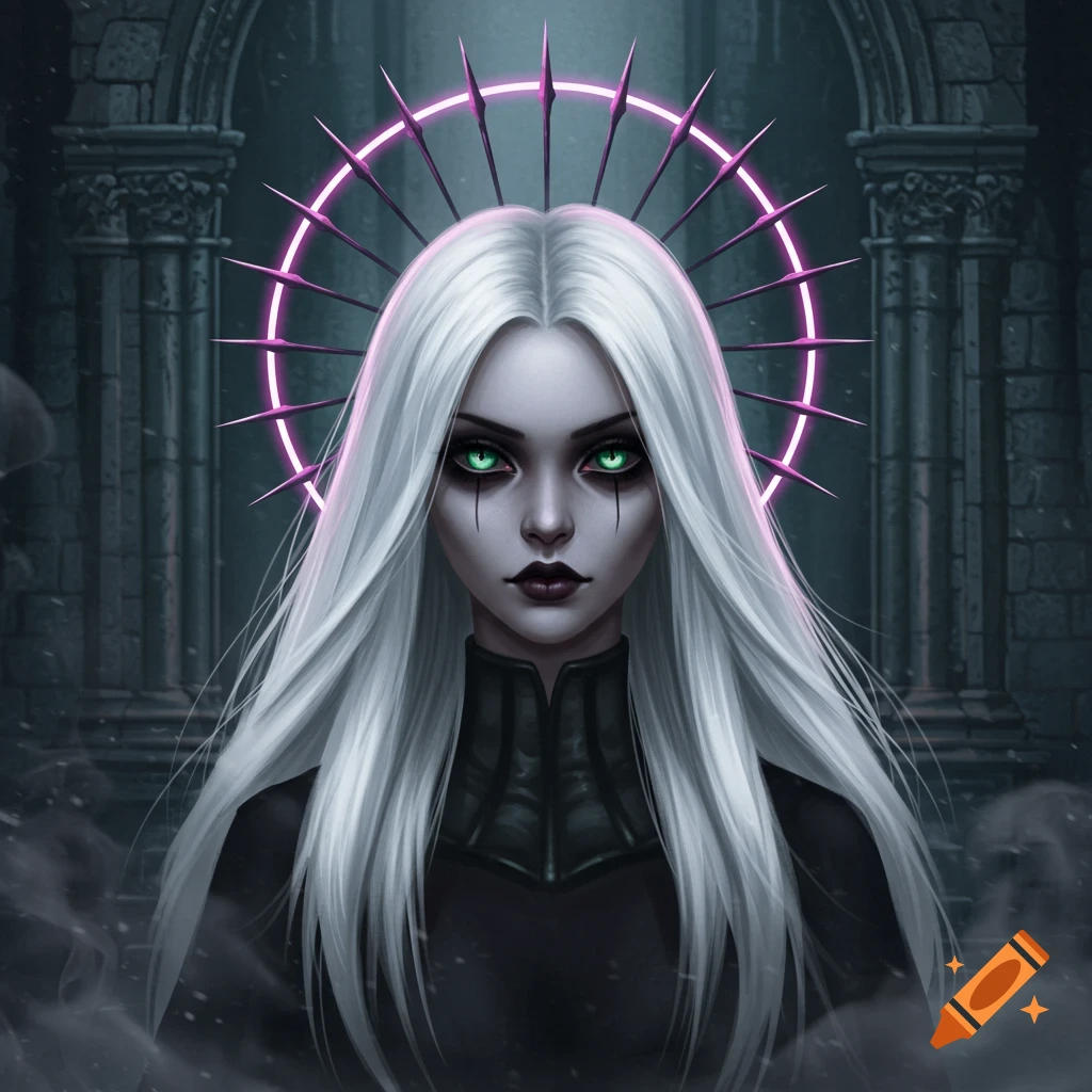 Gothic woman with white hair, pale skin, dark makeup, glowing green cat eyes, and a neon pink spiky halo against a dark gothic background.