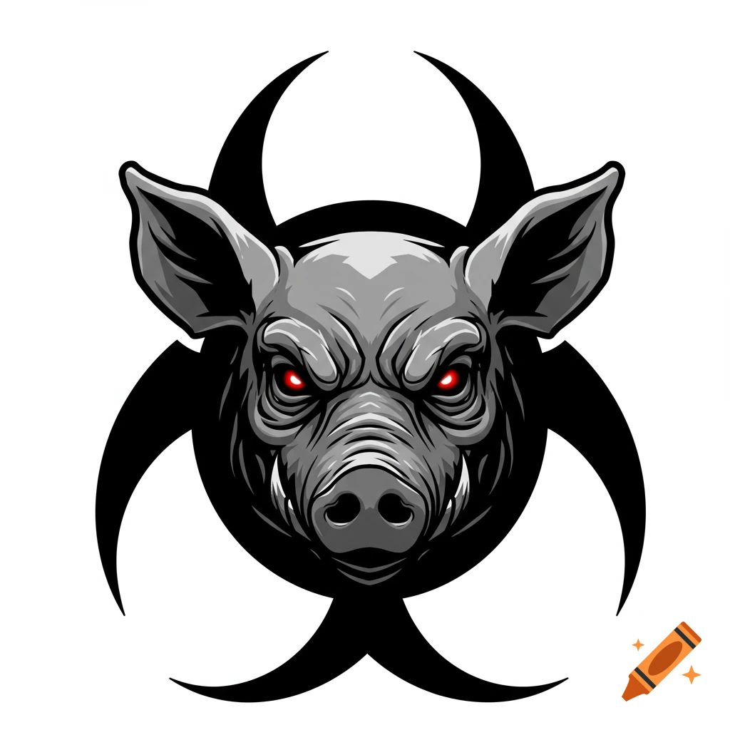 A sinister gray pig's head with glowing red eyes is centered within a black biohazard symbol, in a vector art style on a white background.