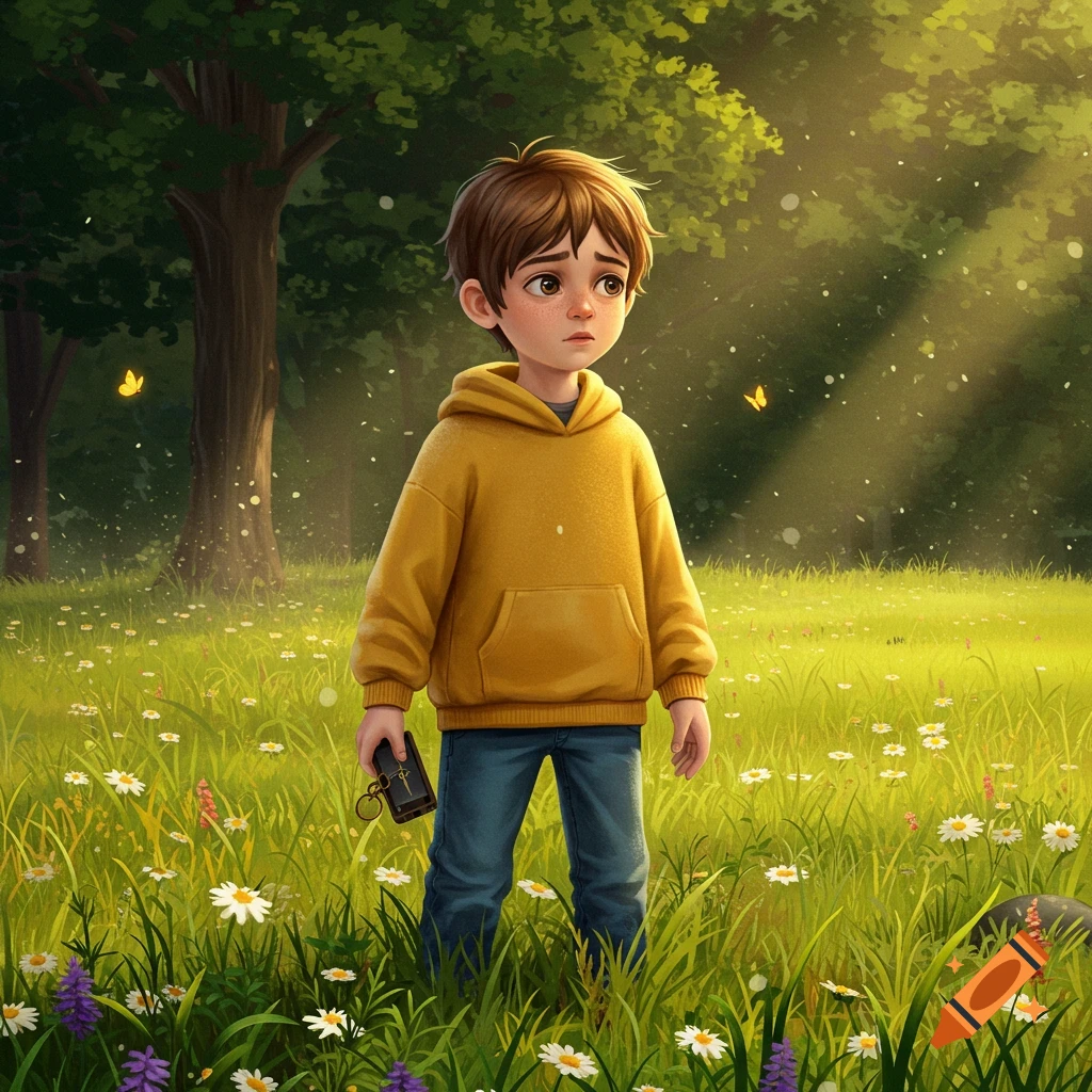 Cartoon boy in a yellow hoodie standing in a sunlit field of wildflowers, looking sad and holding a small black object.