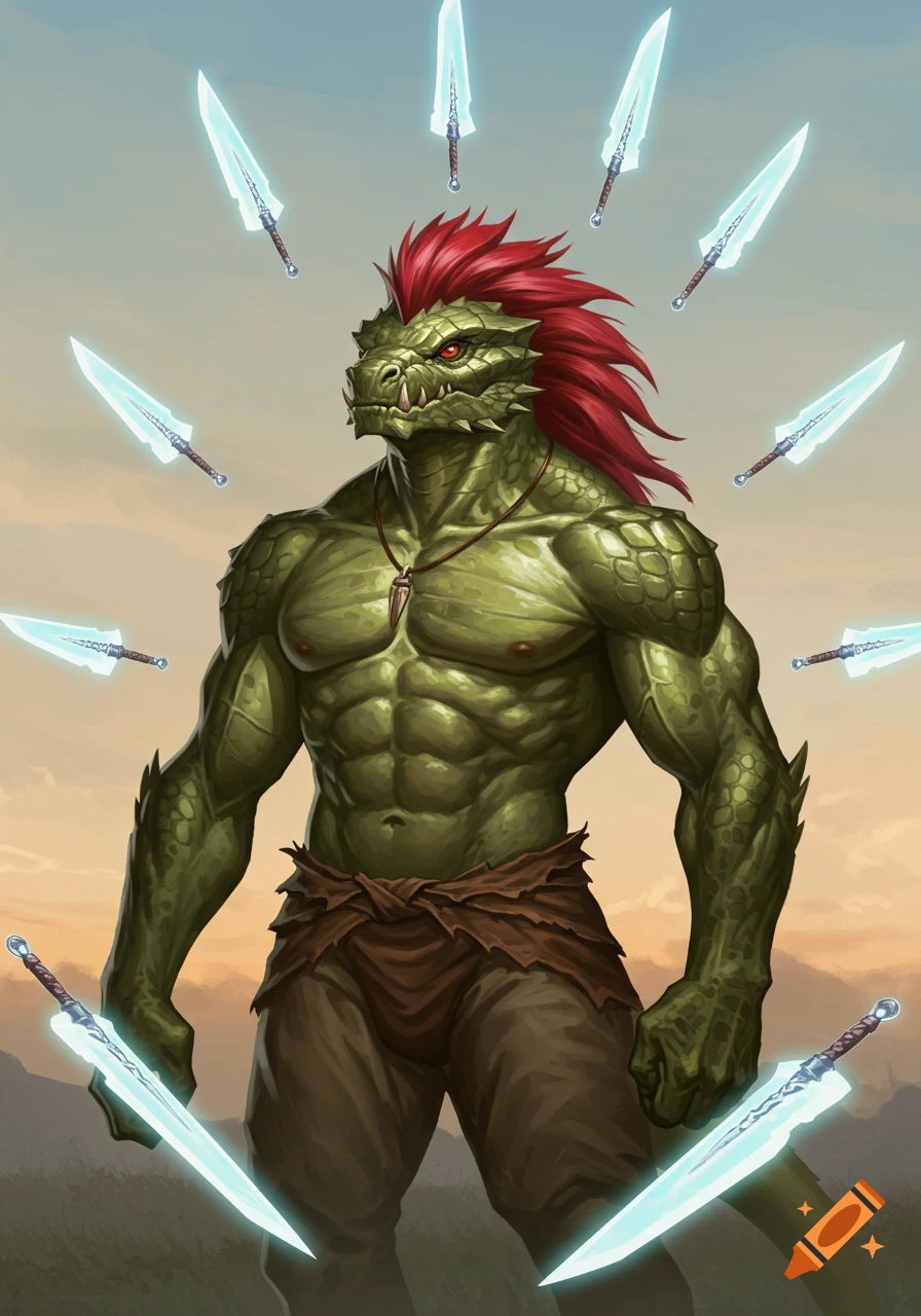A muscular, green reptilian humanoid with a red spiked mane stands confidently as glowing blue magical blades circle around it against a tranquil sunset sky.