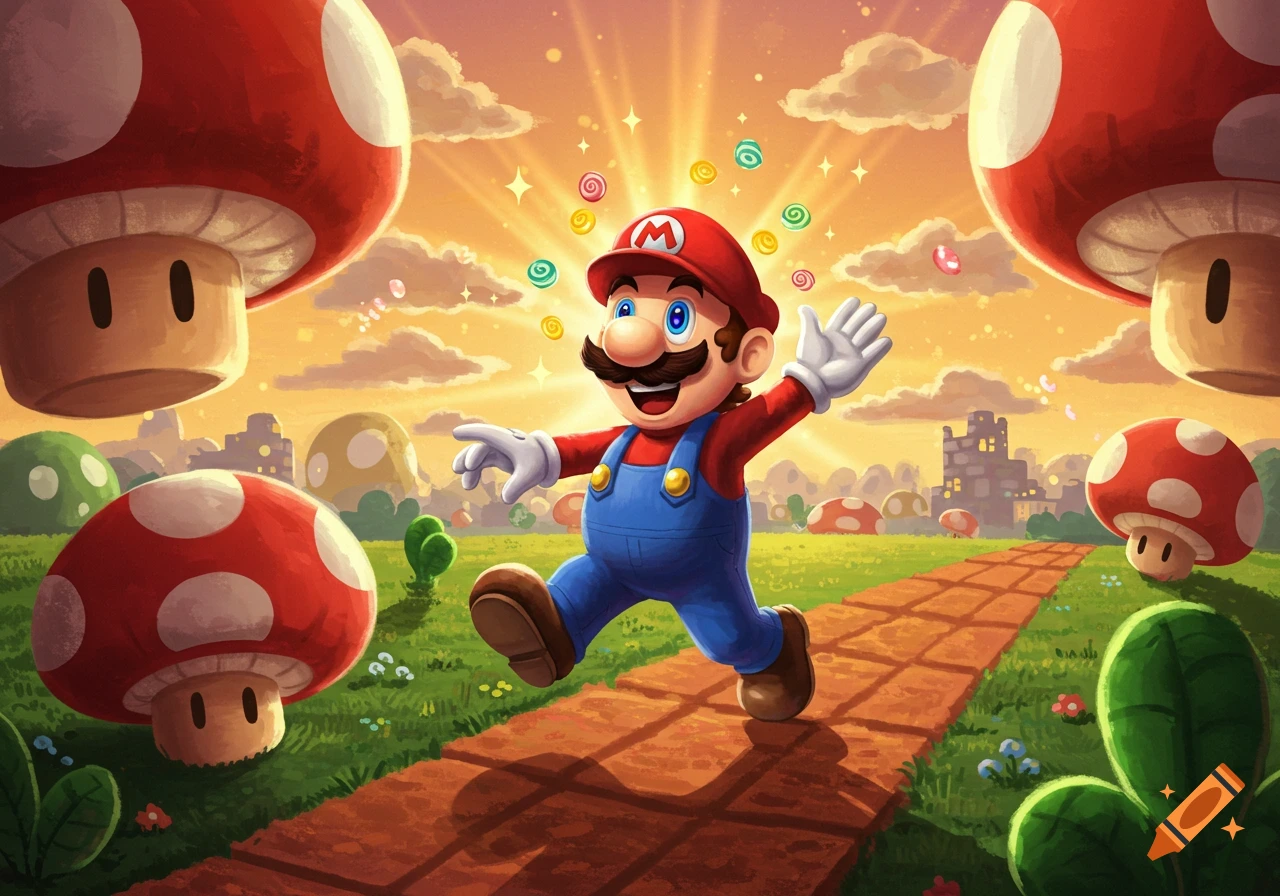 Mario happily strides on a brick path through a vibrant mushroom kingdom landscape under a bright, sunny sky.