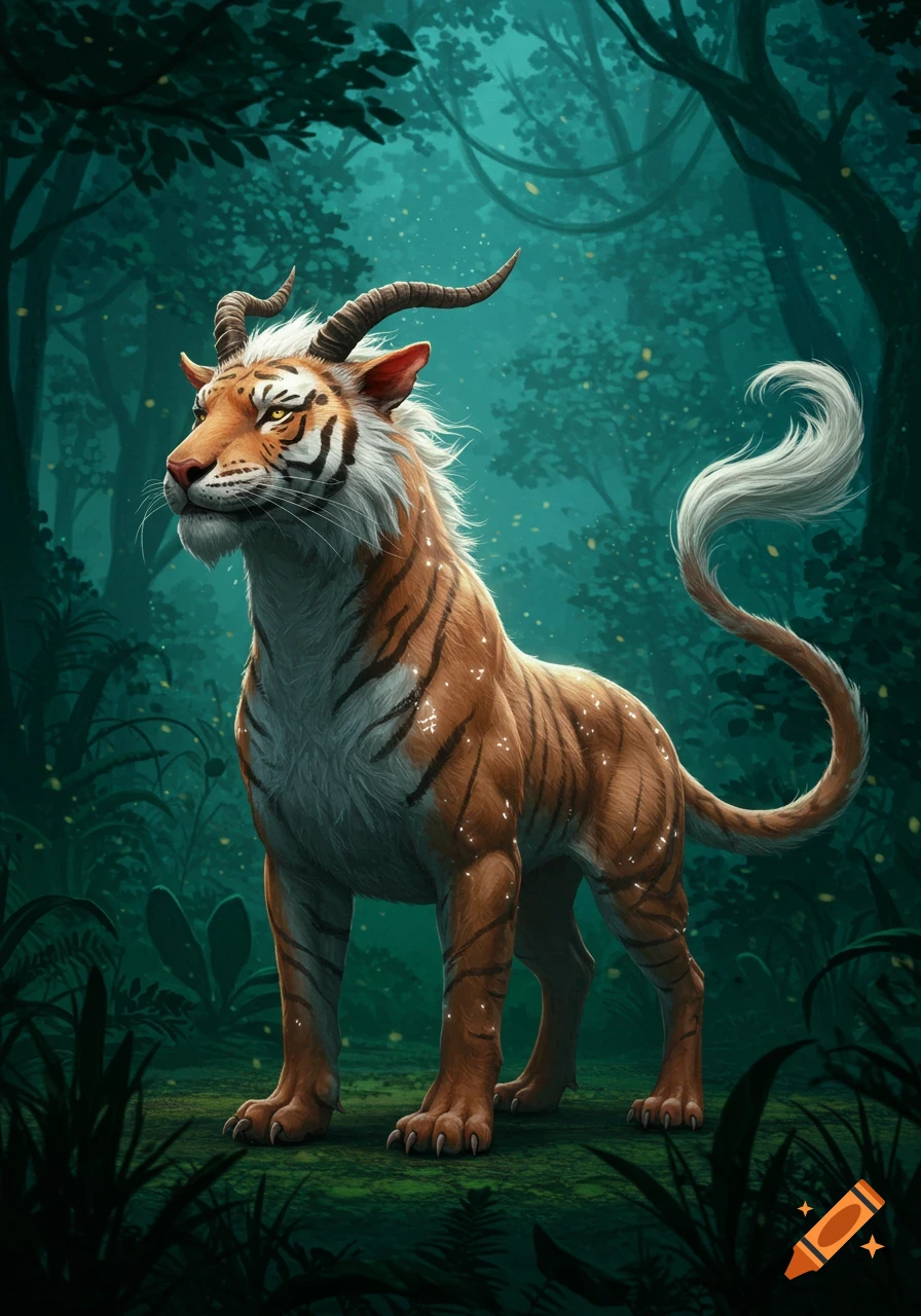 A fantastical tiger-like creature with horns and a long white tail stands in a mystical dark green forest.