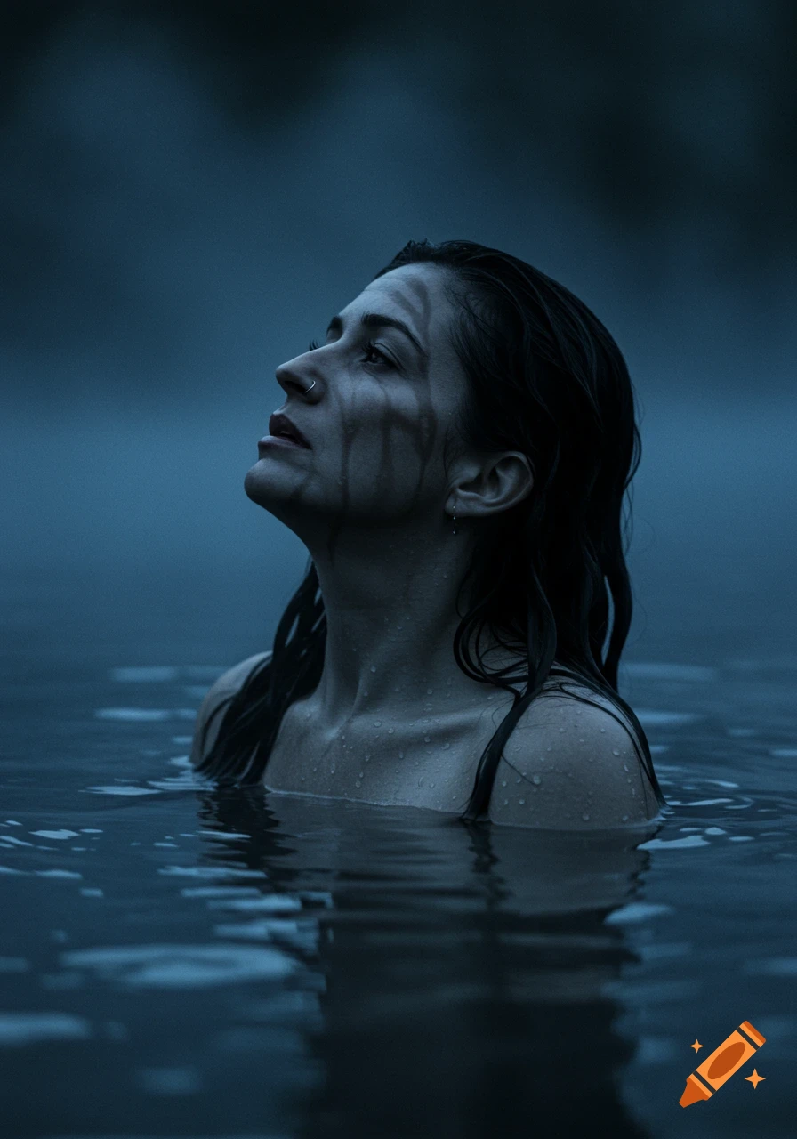 Cinematic portrait of a woman with wet hair and streaked makeup, emerging from dark water and looking up.