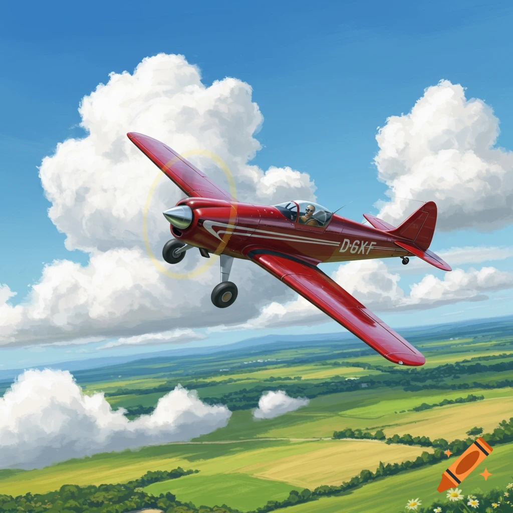 A red vintage airplane with a pilot flying through a blue sky with white clouds over green fields.