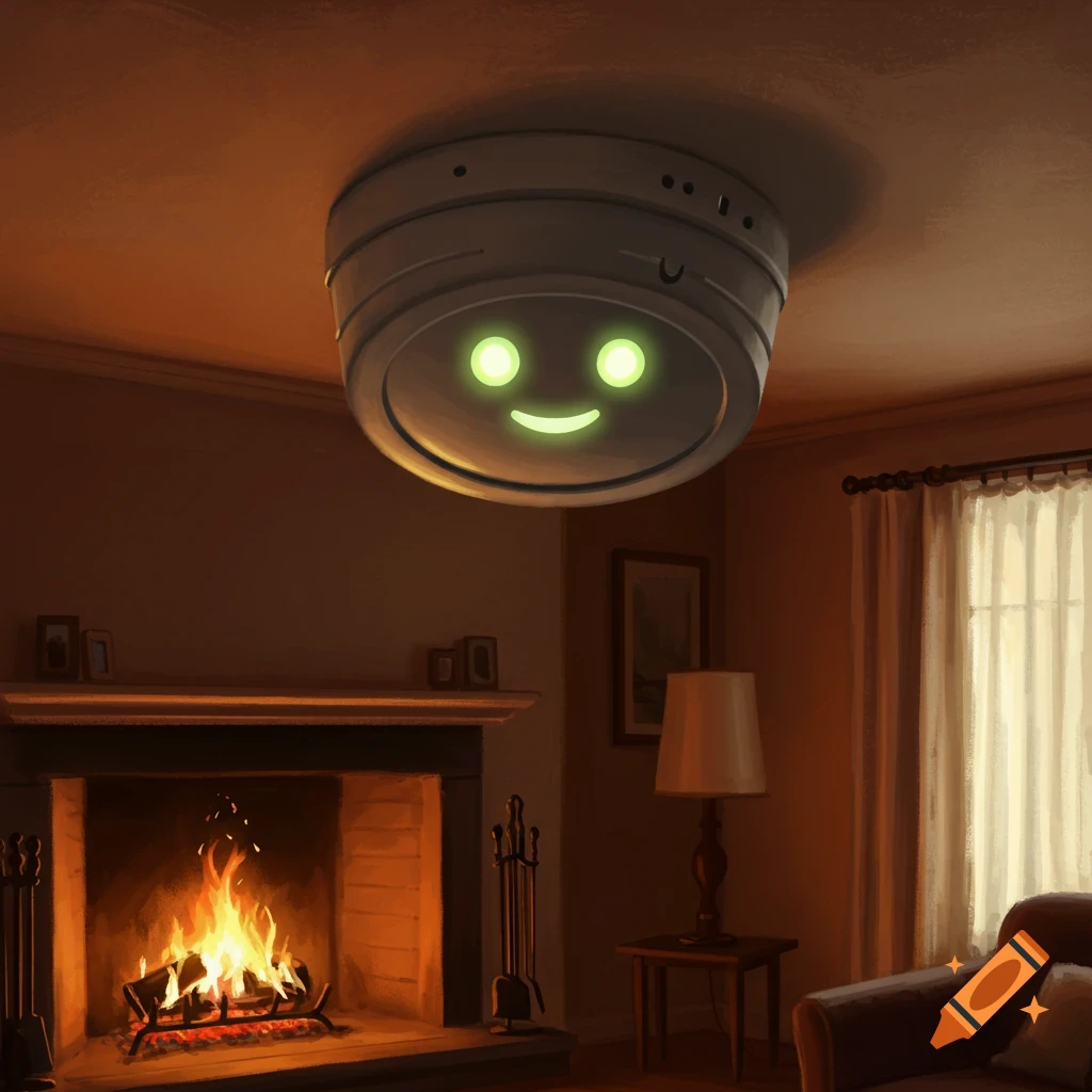 A smiling smoke alarm on the ceiling of a cozy living room with a lit fireplace.