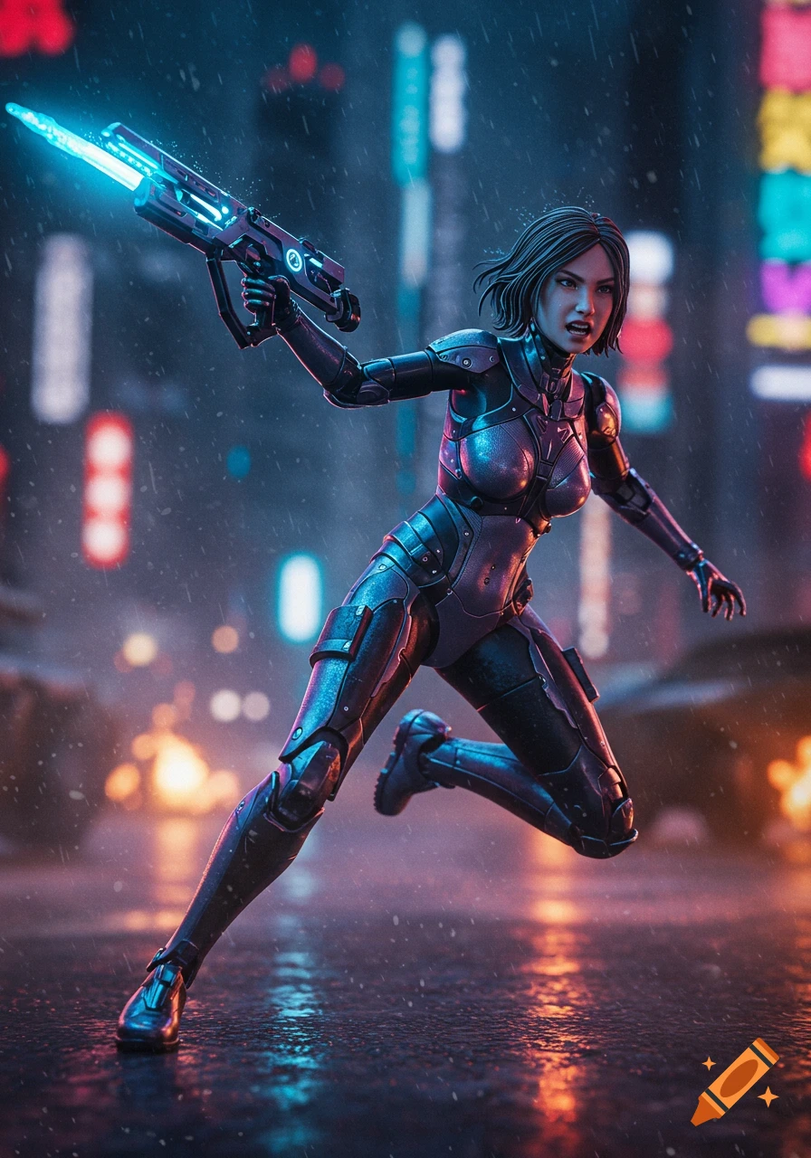 A female action figure in futuristic armor holds a glowing rifle while running on a rainy, neon-lit cyberpunk street.