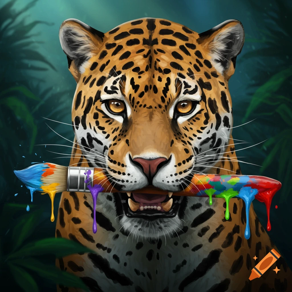 A vibrant digital illustration of a jaguar's head biting a colorful paintbrush with paint dripping, set against a dark jungle background.