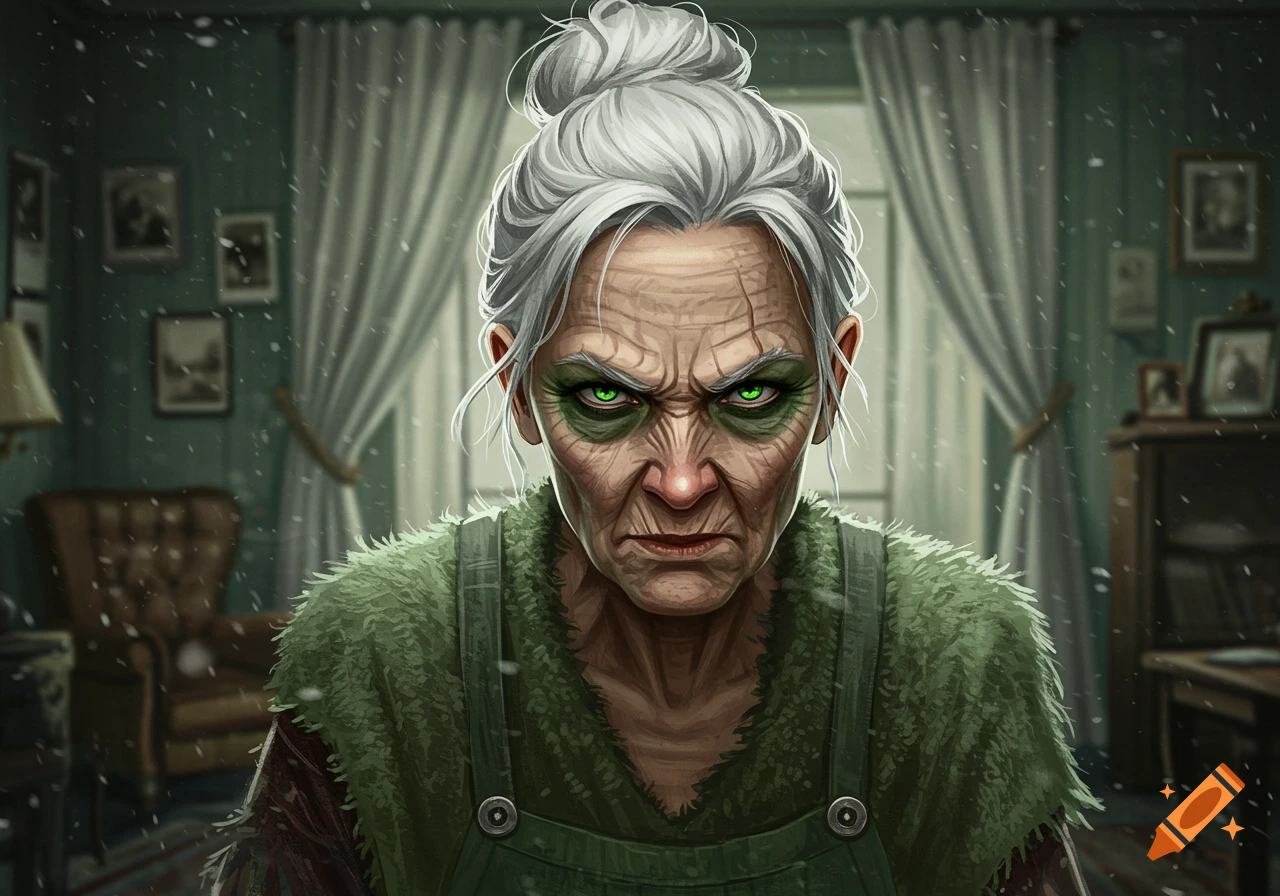 A digitally painted portrait of an angry old woman with glowing green eyes and grey hair in a bun, wearing a furry green jumper, with snow falling outside.