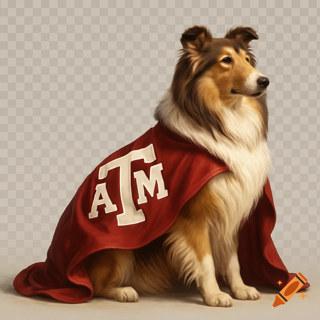 A photorealistic collie dog wearing a red cape with a white ATM logo, sitting on a transparent background.