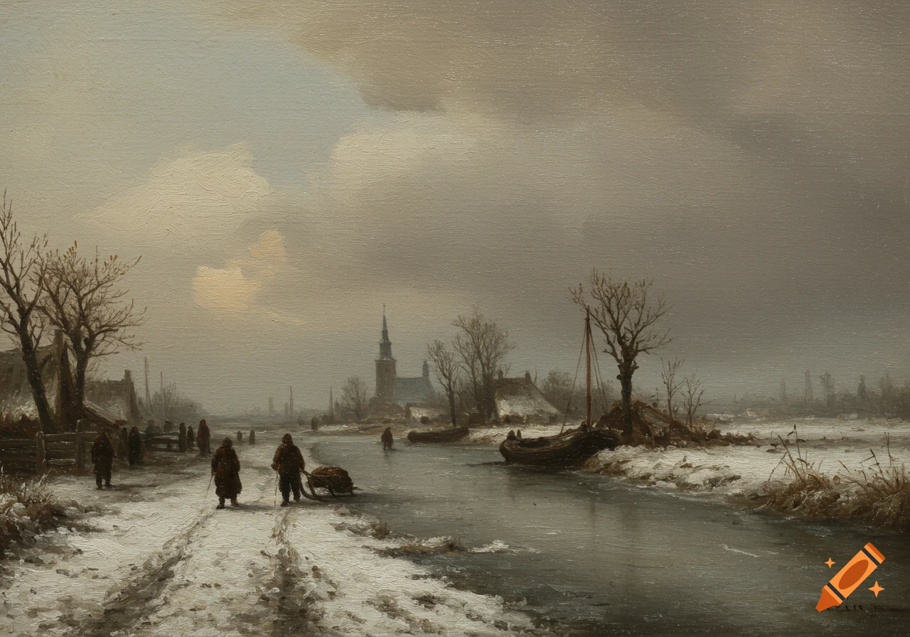 A dark, muted oil painting of a Dutch winter landscape with figures walking on a snowy path beside a frozen canal, with a church in the background.