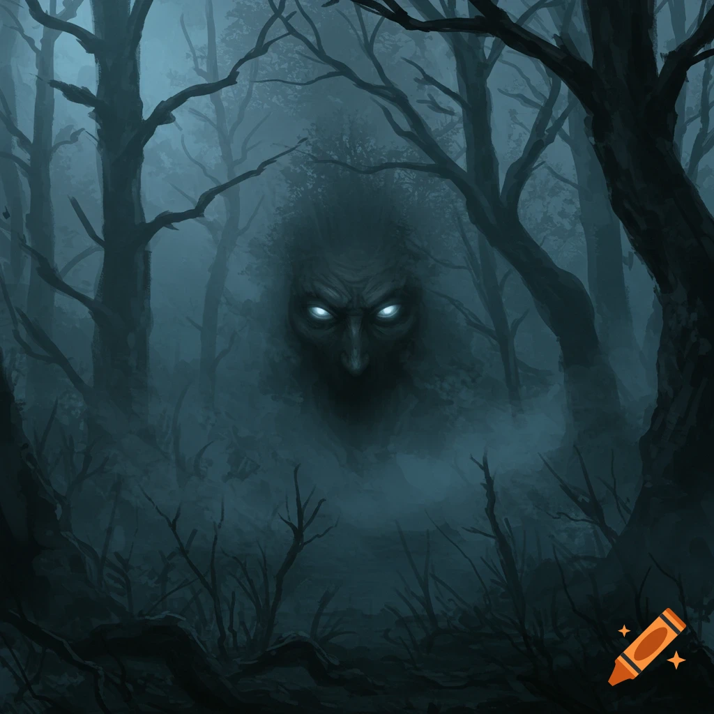 A creepy, ghostly face with glowing eyes emerges from the fog in a dark, gnarled forest. Digital painting.