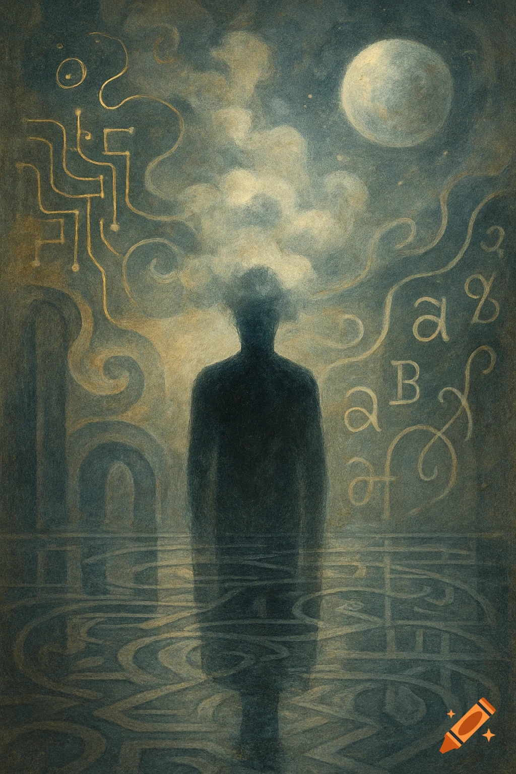 An abstract, dark art painting depicts a silhouetted figure shrouded in mist and surrounded by floating symbols and circuits, under a full moon.