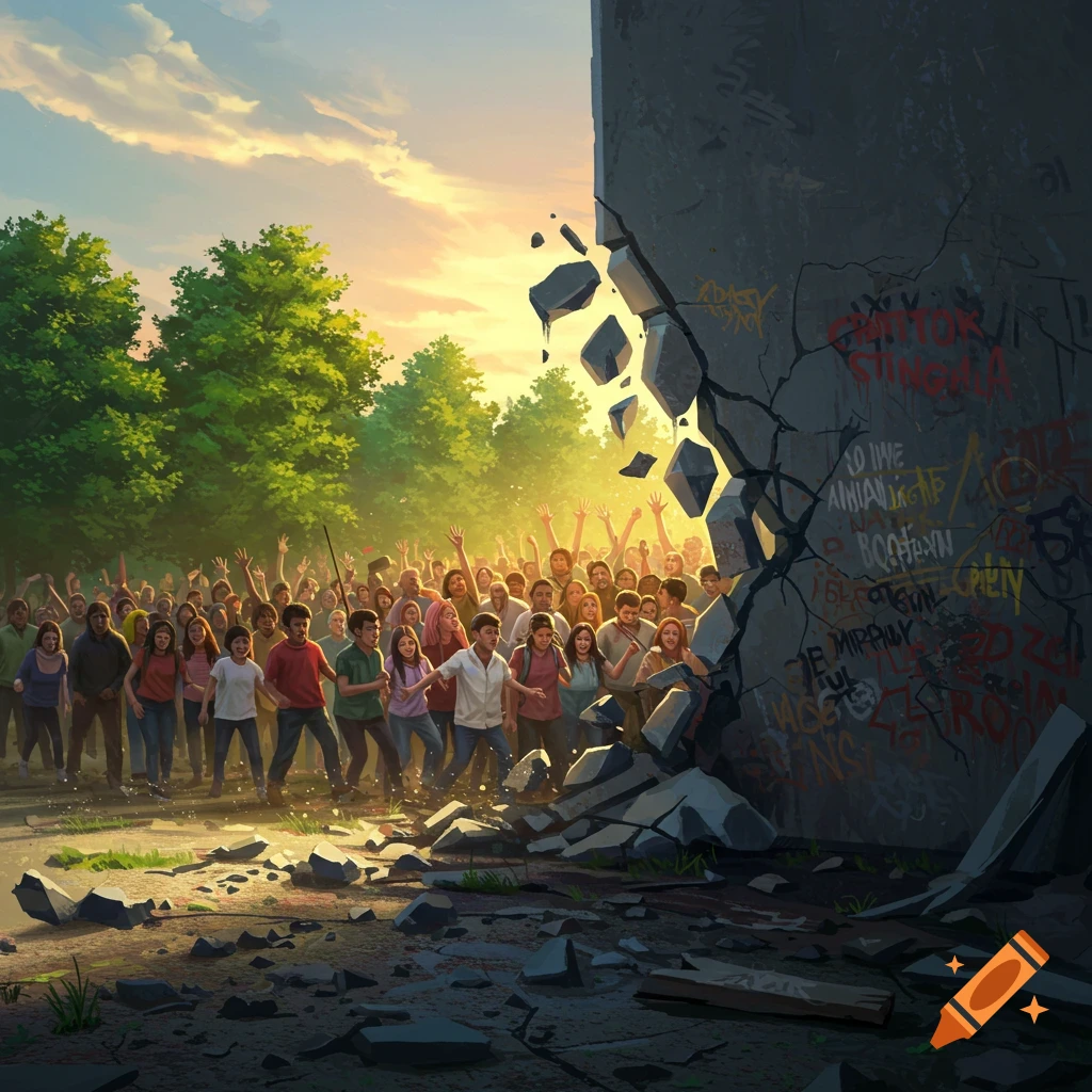 A diverse crowd of people cheering as a large concrete wall covered in graffiti crumbles, light shining through.
