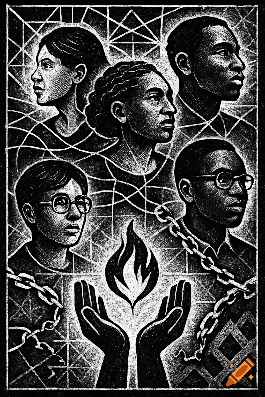 Black and white woodcut illustration of five diverse profiles, hands holding a flame, and chains, symbolizing unity and liberation.