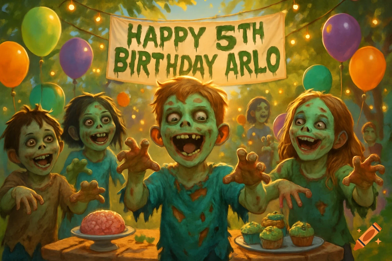 Cartoon zombie children at a birthday party with a banner, balloons, and a brain-shaped cake.