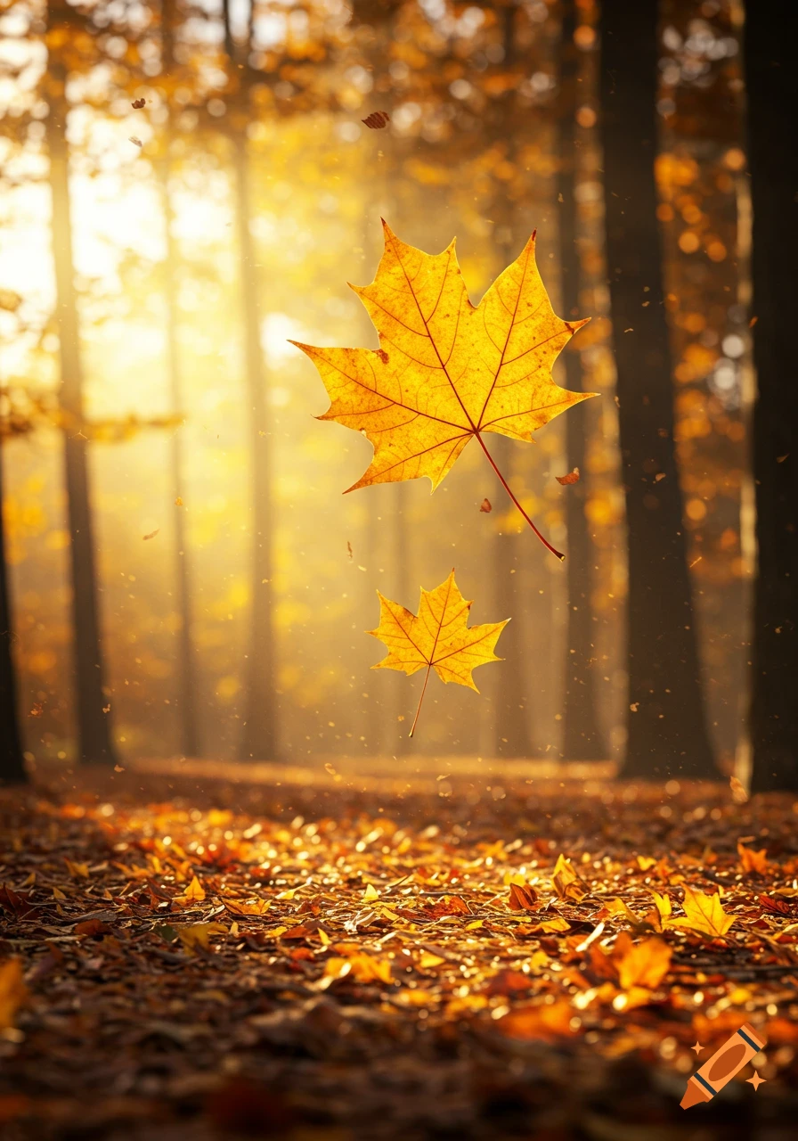 Bright yellow autumn maple leaves float in a sunlit forest, with the ground covered in fallen leaves.