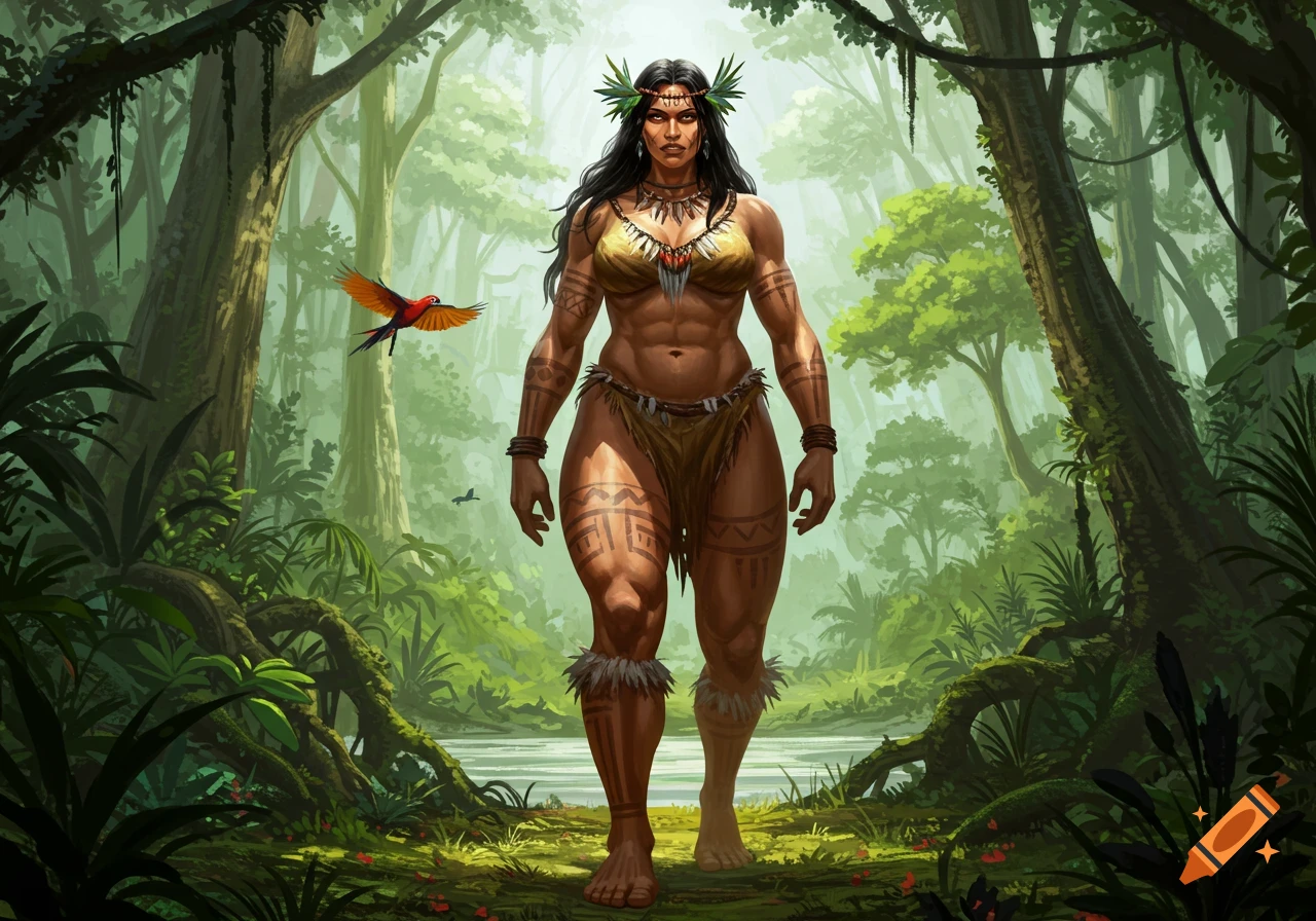 Powerful Amazonian woman with tribal markings stands in a lush jungle with a parrot, in an illustrative style.