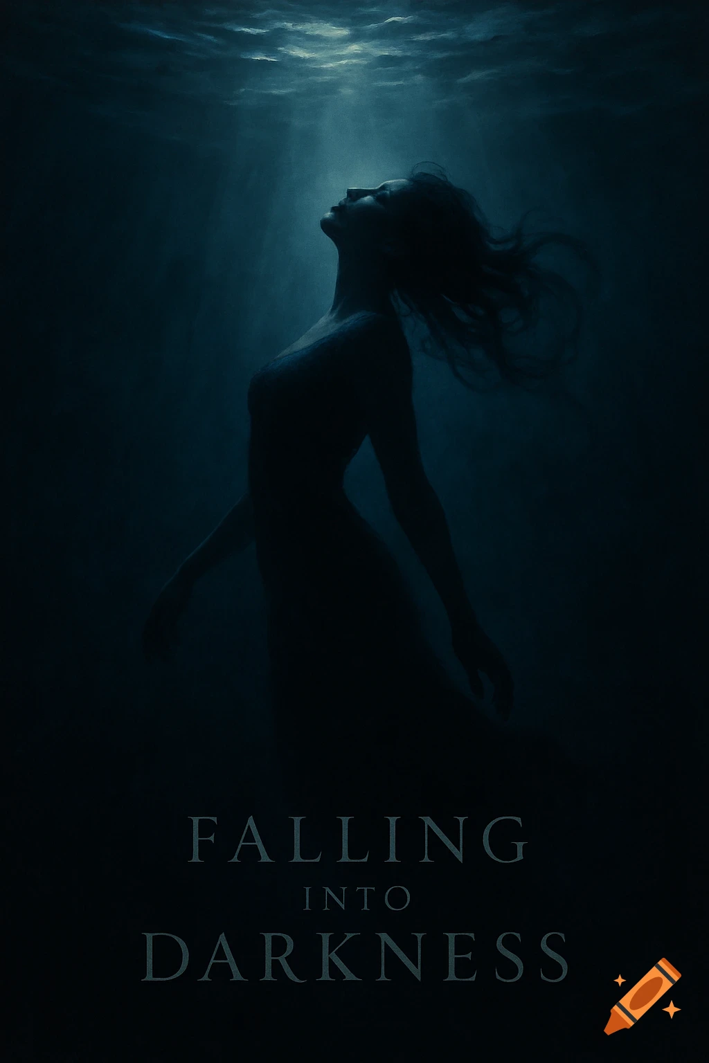 Silhouette of a woman sinking into deep, dark water with light rays from above and the text 'FALLING INTO DARKNESS'.