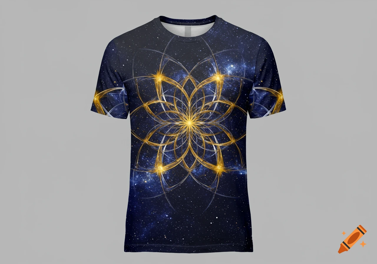 A t-shirt with a dark blue space background and a central glowing golden intricate fractal design.