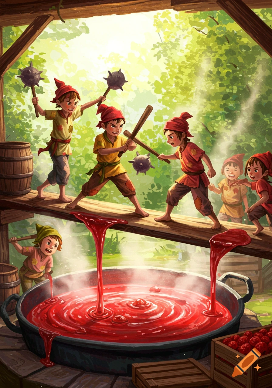 Gnome-like children in a rustic setting battle with weapons on a plank over a large pot of boiling red jam, with strawberries nearby.