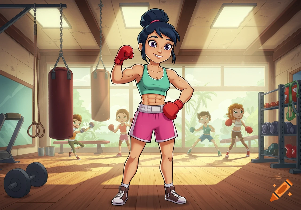 A cartoon female boxer flexing in a gym with other children training in the background.