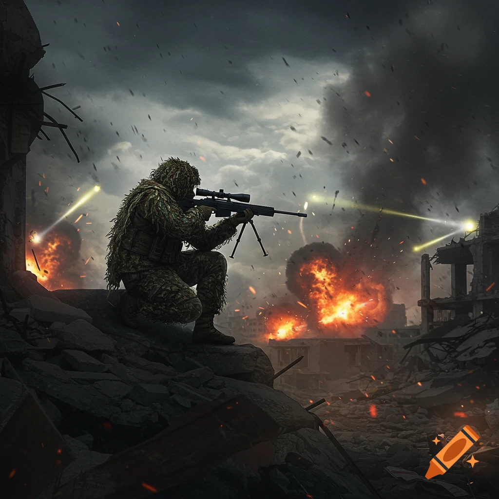 A sniper in a ghillie suit crouches on rubble aiming a rifle amidst explosions and smoke in a war-torn city.