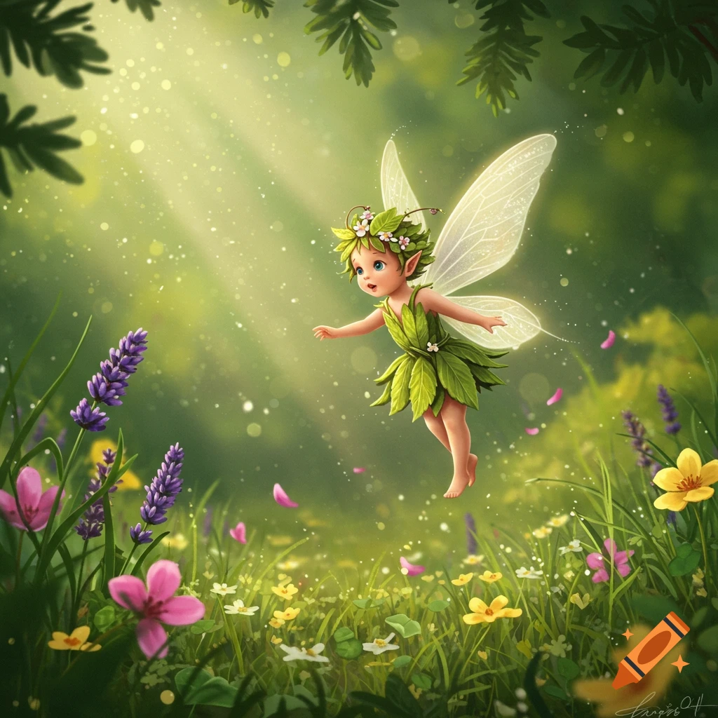 A small, cute baby fairy with green leaves and a flower crown flies over a vibrant, sunlit meadow filled with colorful wildflowers.