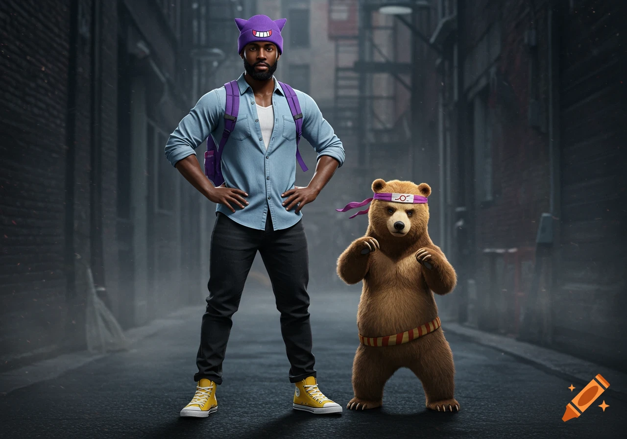 A man in a Gengar beanie and backpack stands with a bear cub in an alleyway. The bear wears a headband.
