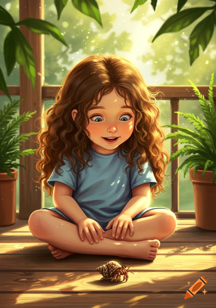 A happy little girl with long curly brown hair sits on a wooden deck, looking down at a hermit crab.