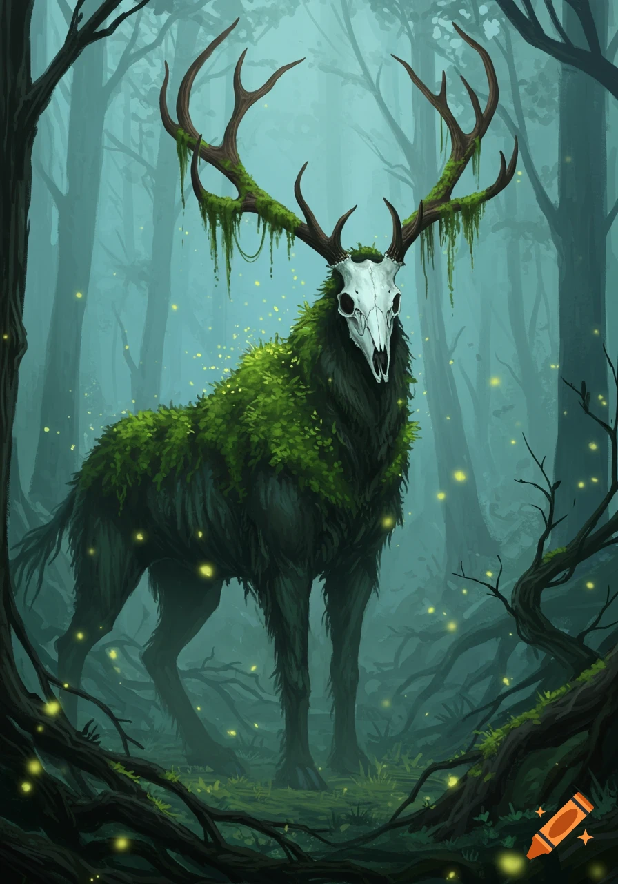An ethereal moss-covered creature with a skull head and antlers stands in a misty, dark forest with glowing fireflies, illustration.