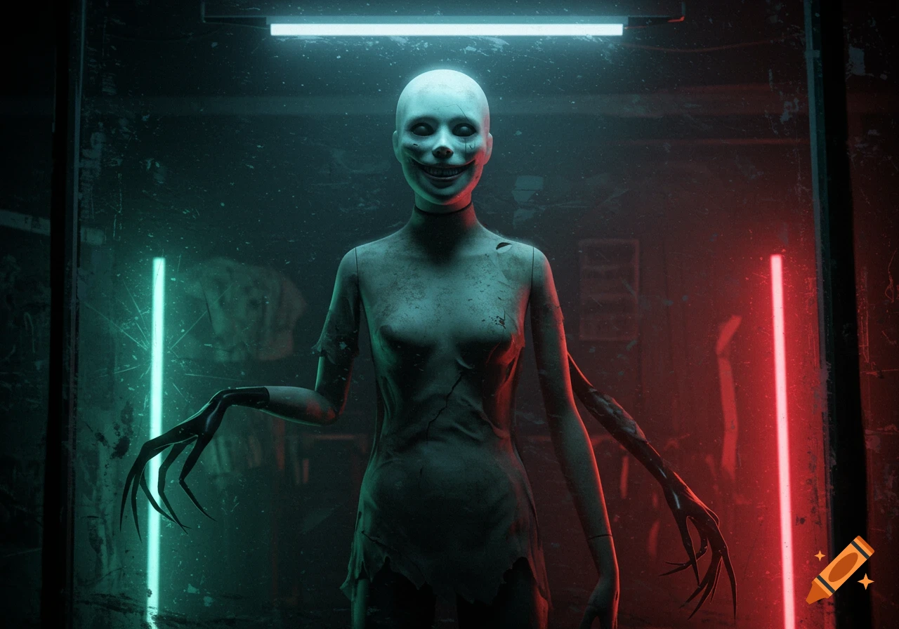 A creepy, cracked mannequin with long clawed fingers and a wide, unsettling smile stands in a dark room illuminated by glowing red and teal neon lights.