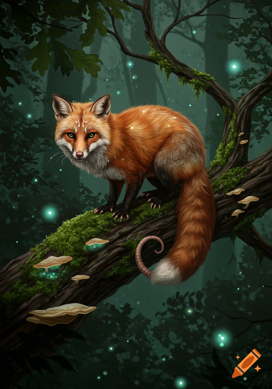 A red fox-like creature with an opossum tail sits on a mossy tree branch in a mystical dark forest with glowing elements, digital art style.