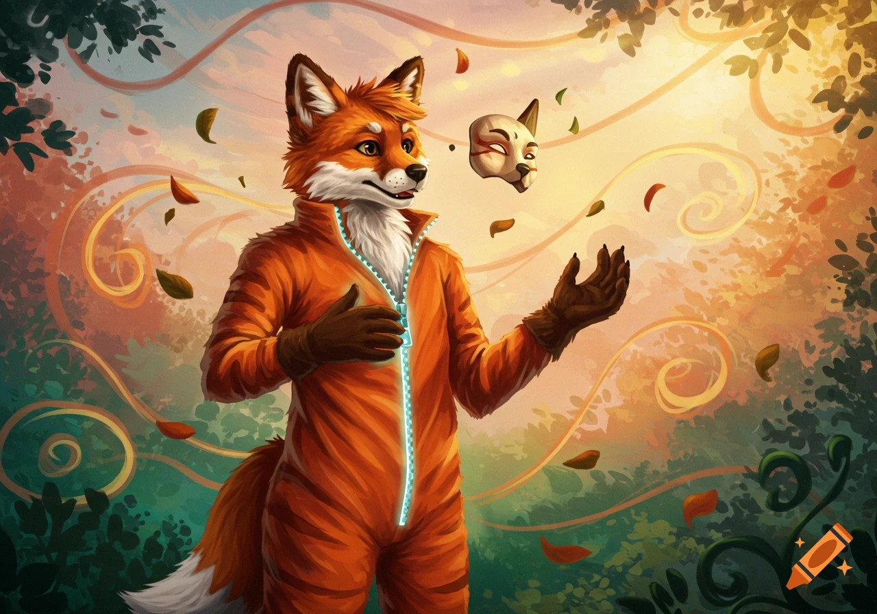 An anthropomorphic fox unzipping an orange suit, with a fox mask floating above its hand in a whimsical forest setting.