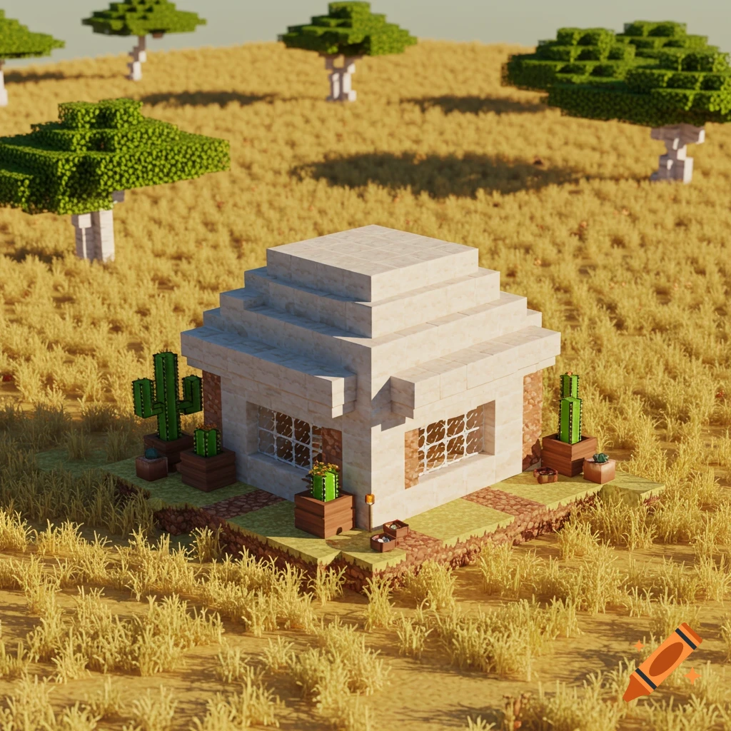 A blocky, white Minecraft-style house with windows and cacti in a savanna biome with yellow grass and blocky trees.