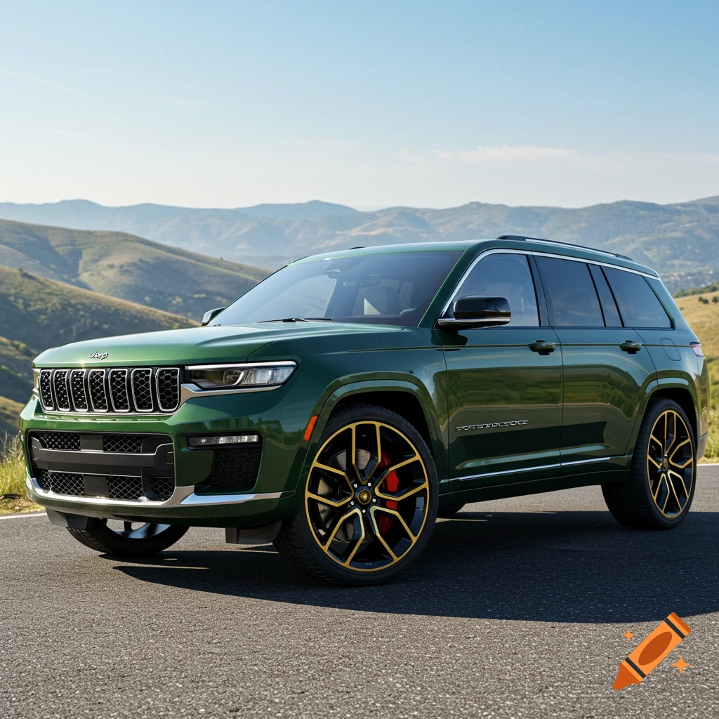 A dark green Jeep Grand Cherokee SUV with black and gold Lamborghini wheels on an asphalt road, with mountains in the background.