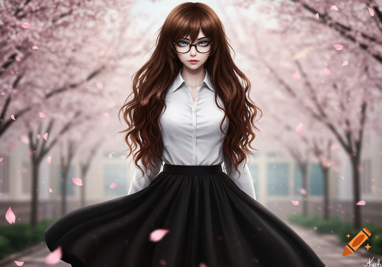 An anime illustration of a pale girl with long brown curly hair, blue eyes, and glasses, wearing a white shirt and black skirt, standing under cherry blossoms.