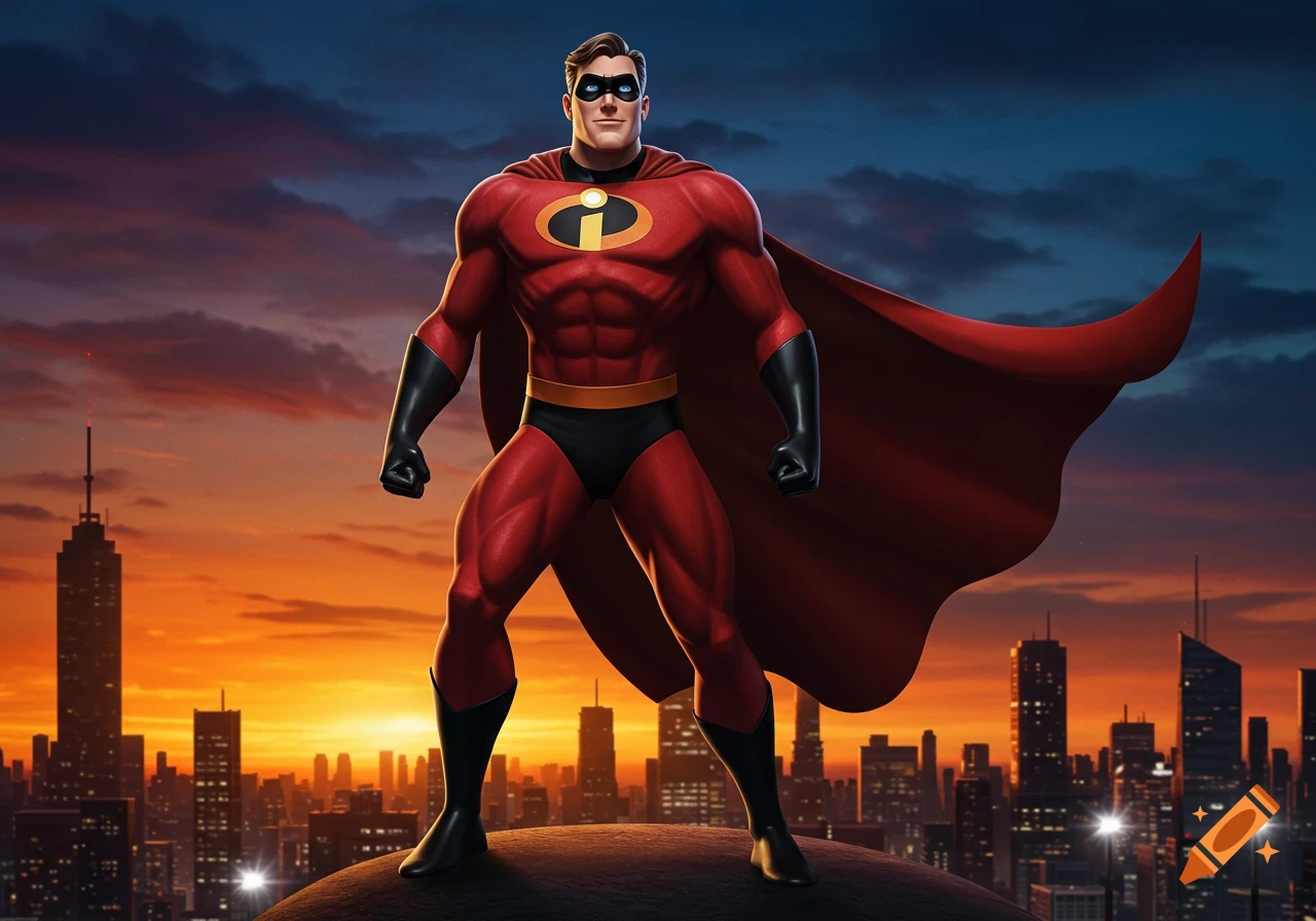 A muscular male superhero in a red and black suit with an 'i' logo on his chest, standing on a rooftop overlooking a city skyline at sunset.