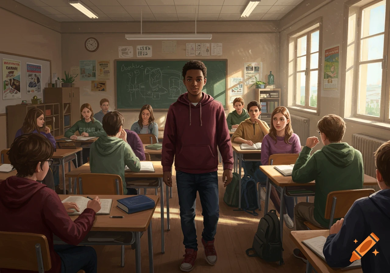 A Black male student stands in the aisle of a sunlit classroom, looking forward, while white students are seated at their desks around him.