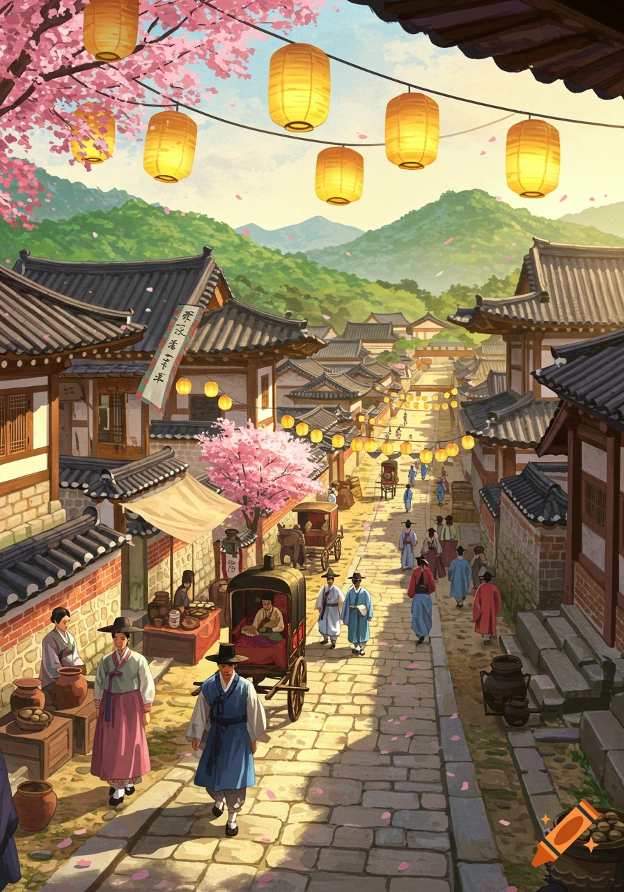 An illustration of a bustling Joseon era Korean city street lined with traditional tiled-roof buildings, featuring people in period clothing, market stalls, and cherry blossoms with hanging lanterns overhead.