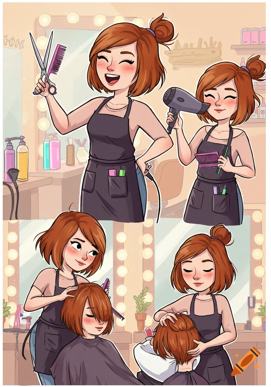 Cartoon illustration of a happy female hairdresser in a salon, shown in various poses with tools and styling a client's hair.
